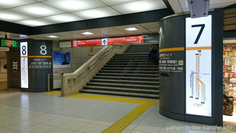 階段 常磐線 宇都宮線 高崎線 上野東京ライン7番8番ホームへ1分で行くには 東京駅 山手線外回り 山手線パタパタ乗り換え案内