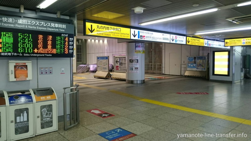 階段 丸の内地下中央口改札へ2分で行くには 東京駅 山手線外回り 山手線パタパタ乗り換え案内